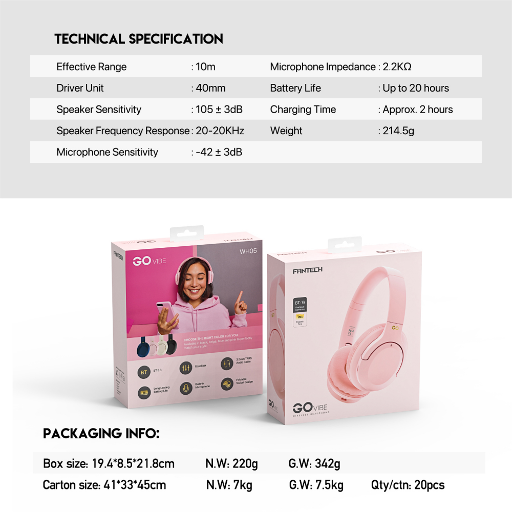 Bluetooth slusalice Fantech GO Vibe WH05 pink - Image 10