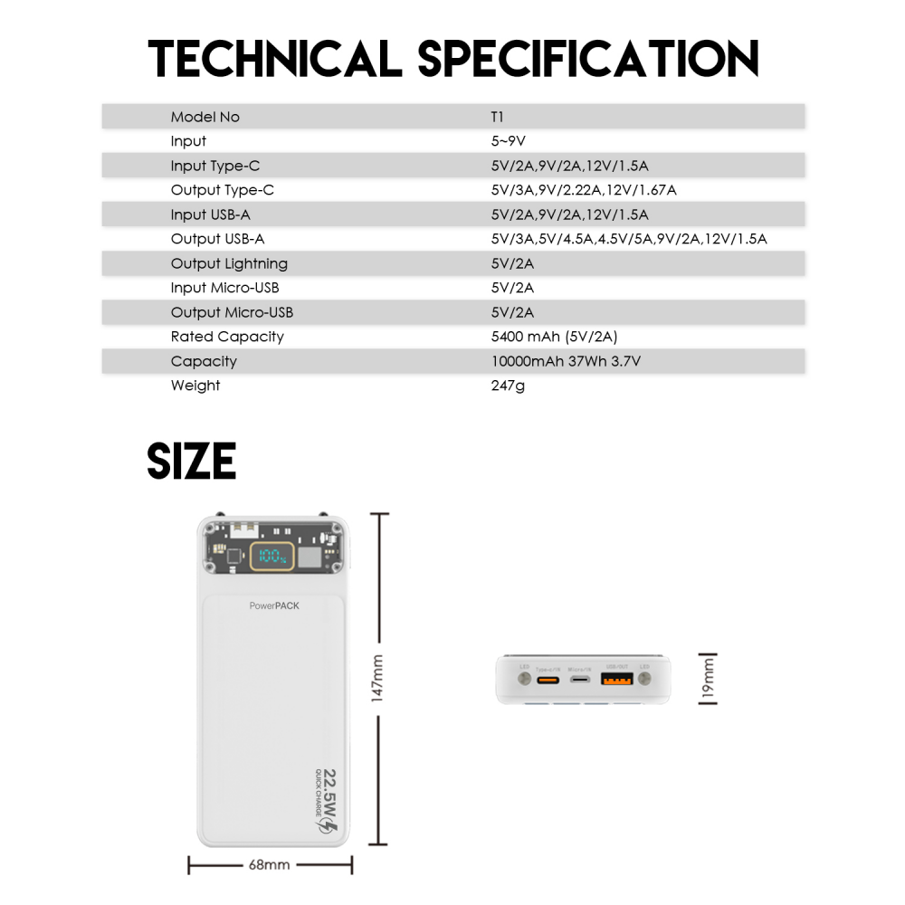 Power bank Prenosiva baterija Fantech T1 10000mAh QC, PD, 22.5W crni - Image 7