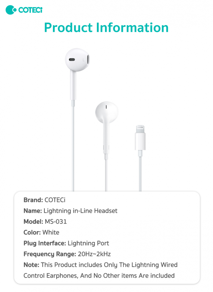 Slusalice Coteci MS-031 za iPhone lightning bele - Image 7