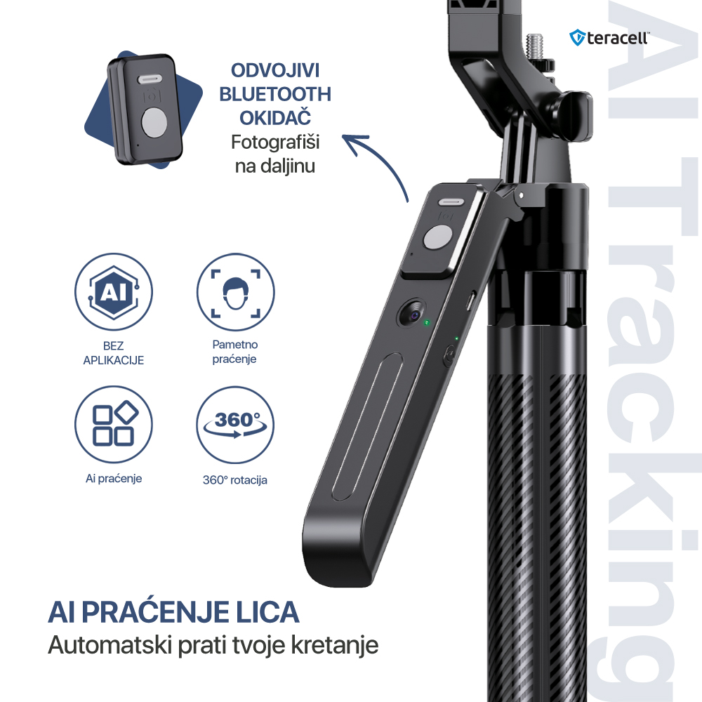 Selfie stick Teracell C12C + kvadripod Smart AI crni - Image 2