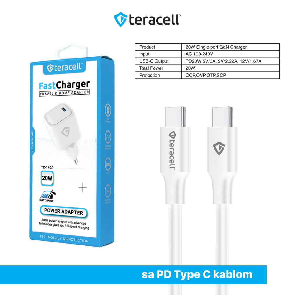 Kucni punjac Teracell Evolution TC-14GP, GaN, PD 3.0, 20W sa PD Type c kablom beli CE - Image 4